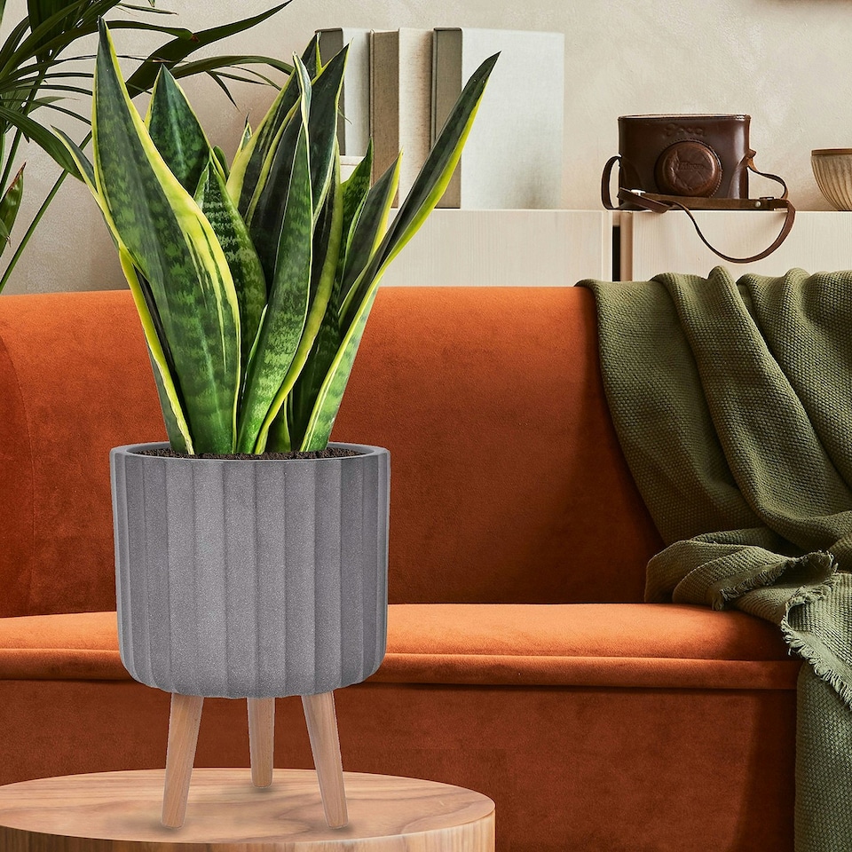 image 1 of Modern Ribbed Taupe Cylinder Planter on Legs, Round Pot Plant Stand Indoor D24 H32 cm, 7.6 ltrs Cap.