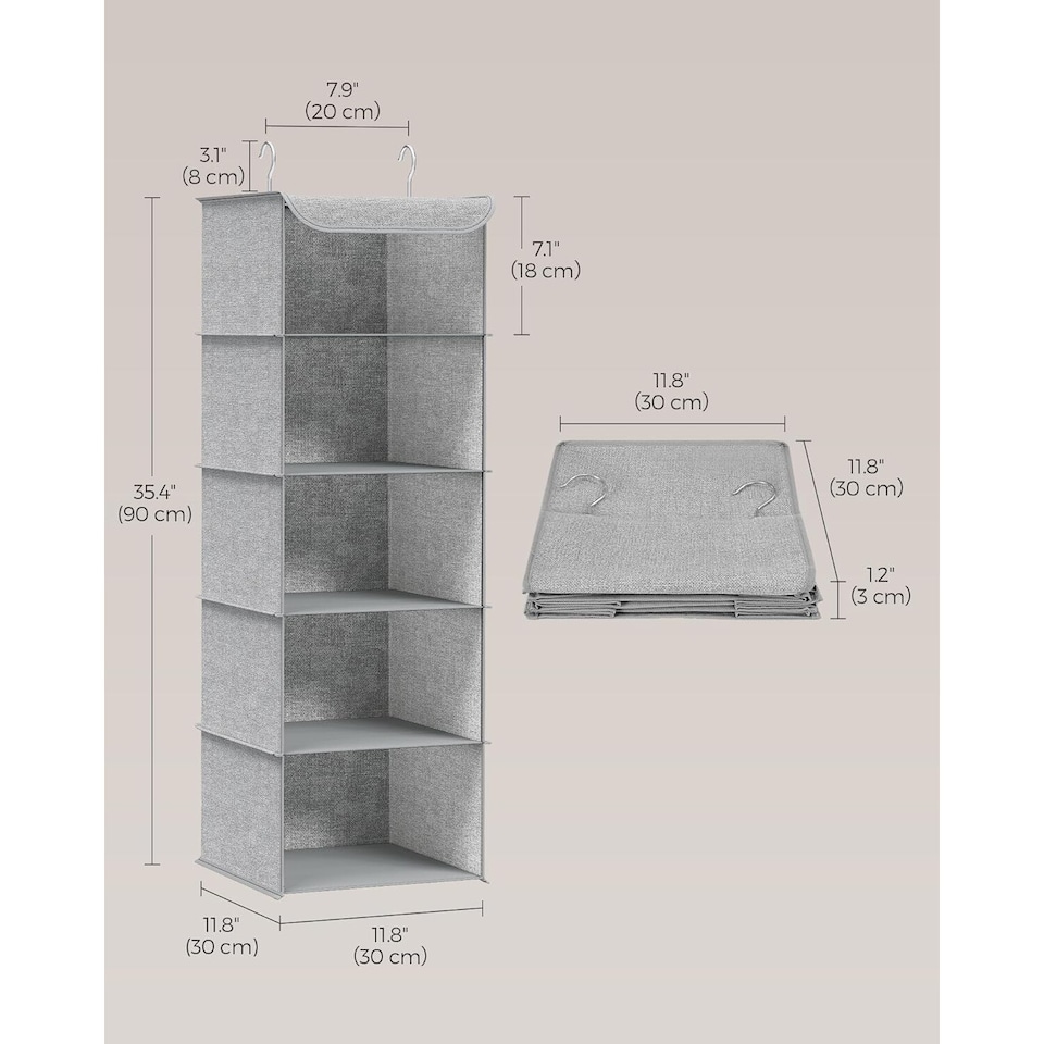 image 1 of Hanging Wardrobe Storage Organiser with Bamboo Detail, Space Saving Closet Shelf, Light Grey