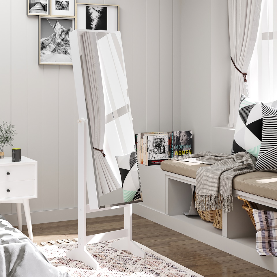 image 1 of HOMCOM Jewelry Cabinet Standing Mirror Full Length Makeup Lockable Armoire Storage Organizer White