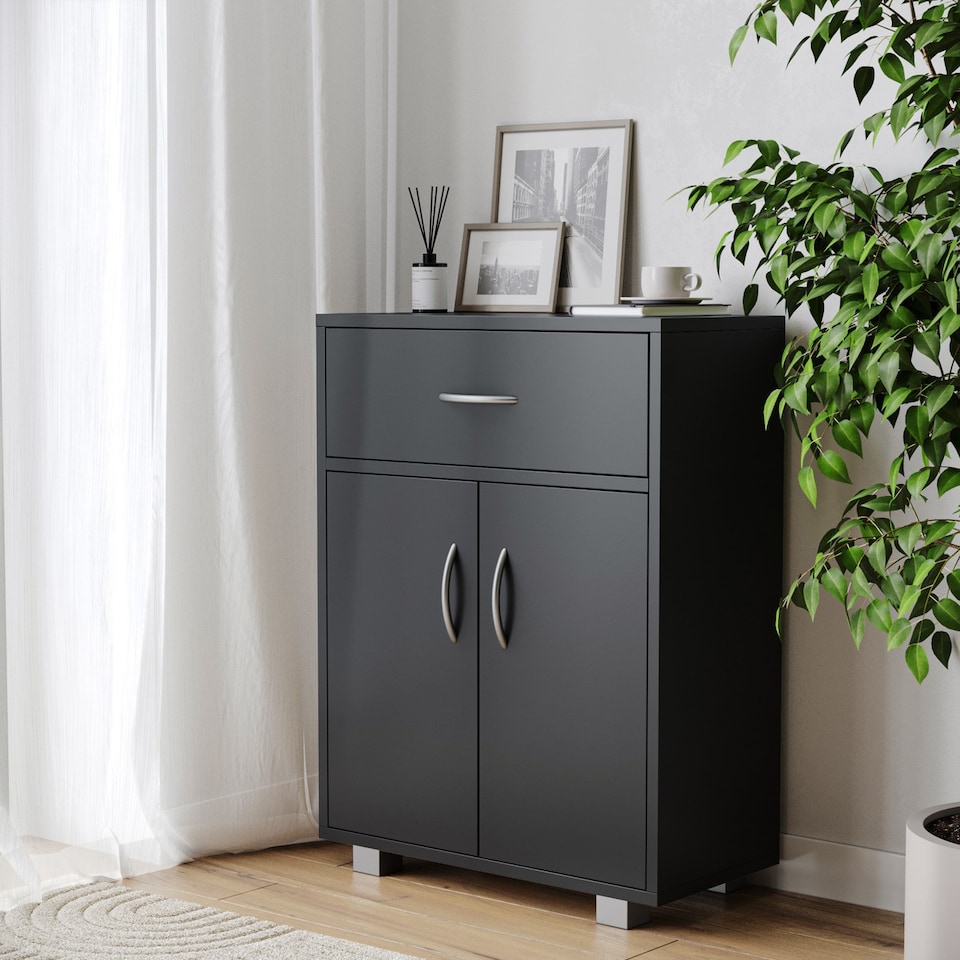 image 1 of Cabinet With Doors and Drawer | Black | 76 x 32 x 15.5 | 1