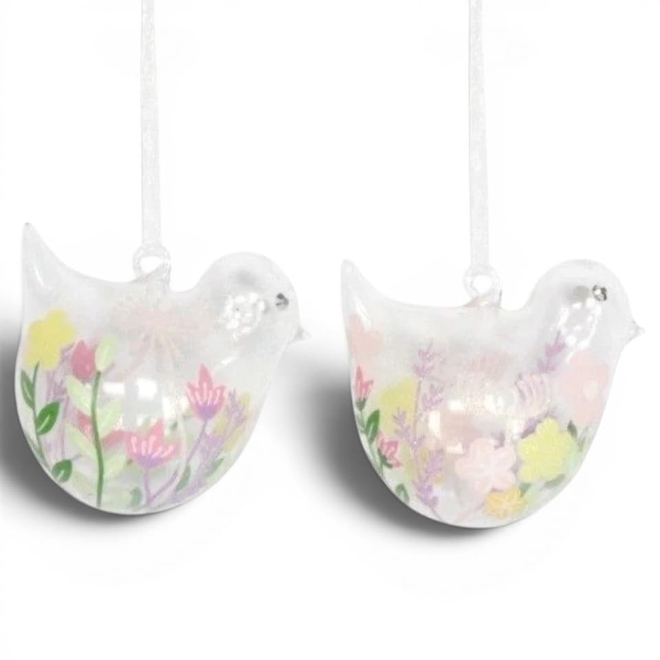 Heaven Sends Set of 2 Glittery Floral Glass Bird Easter Decorations