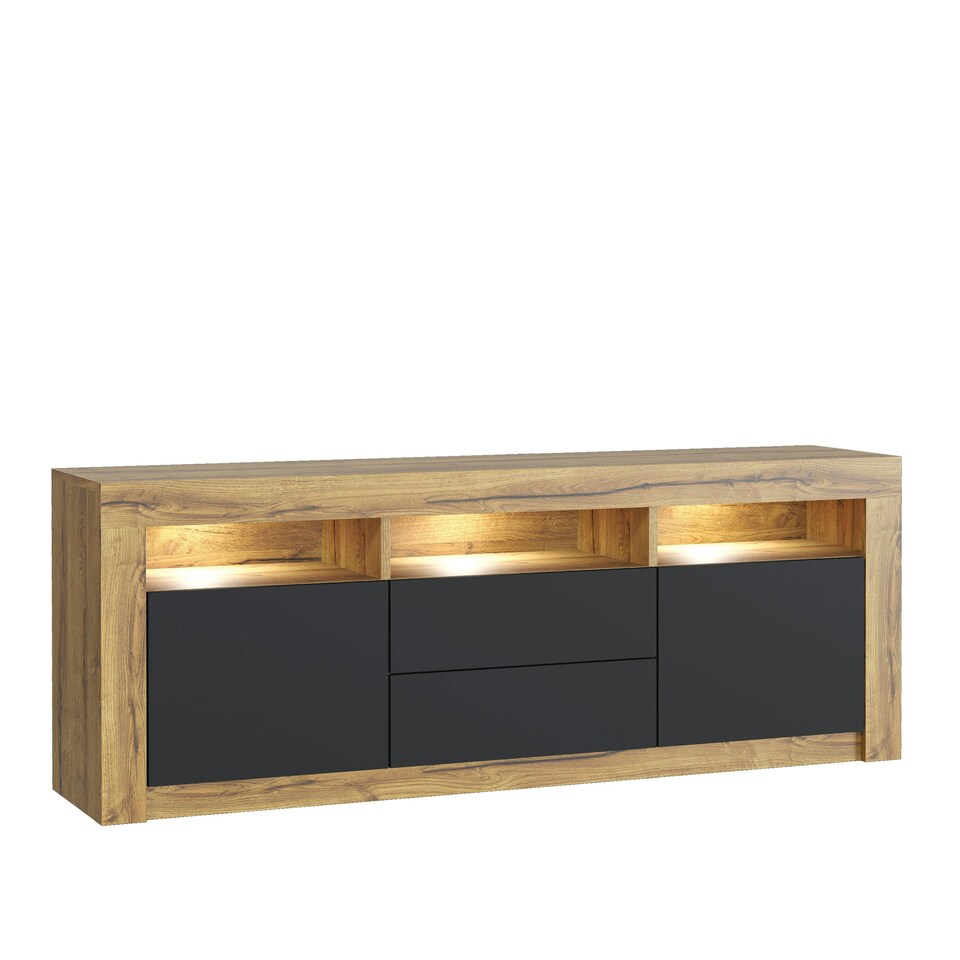 image 1 of TV Unit 160cm Black Matt Doors & Drawers Oak Matt Body Free LED Multi | Oak & Black