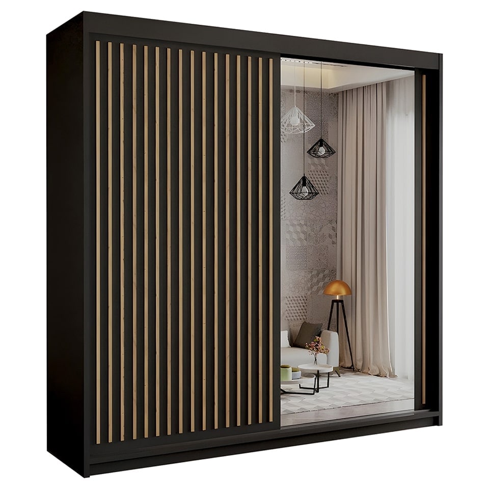 image 1 of Sliding Wardrobes 4U Modern Vertical Panelled Mirror Sliding Wardrobe – 150cm to 250cm, White, Black, Grey, Oak | Black | Black 150cm