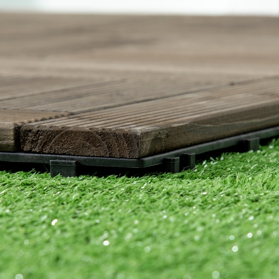 image 1 of Outsunny 27 Pcs Wooden Interlocking Decking Tiles, 30 x 30 cm per piece, Grey