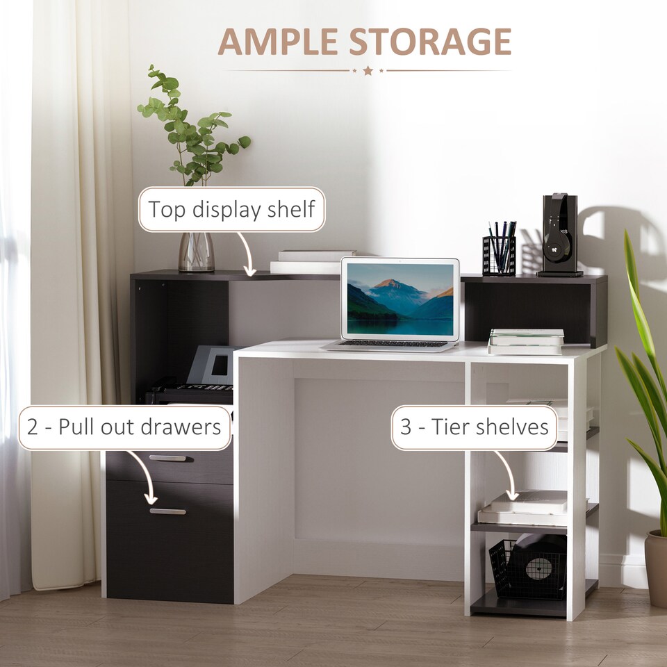 image 1 of HOMCOM Computer Desk with Drawers and Storage Shelves, Office Desk Writing Table with Printer Stand, Large Workstation for Study Play Work Home Office, 137 x 55 x 92cm, Black and White