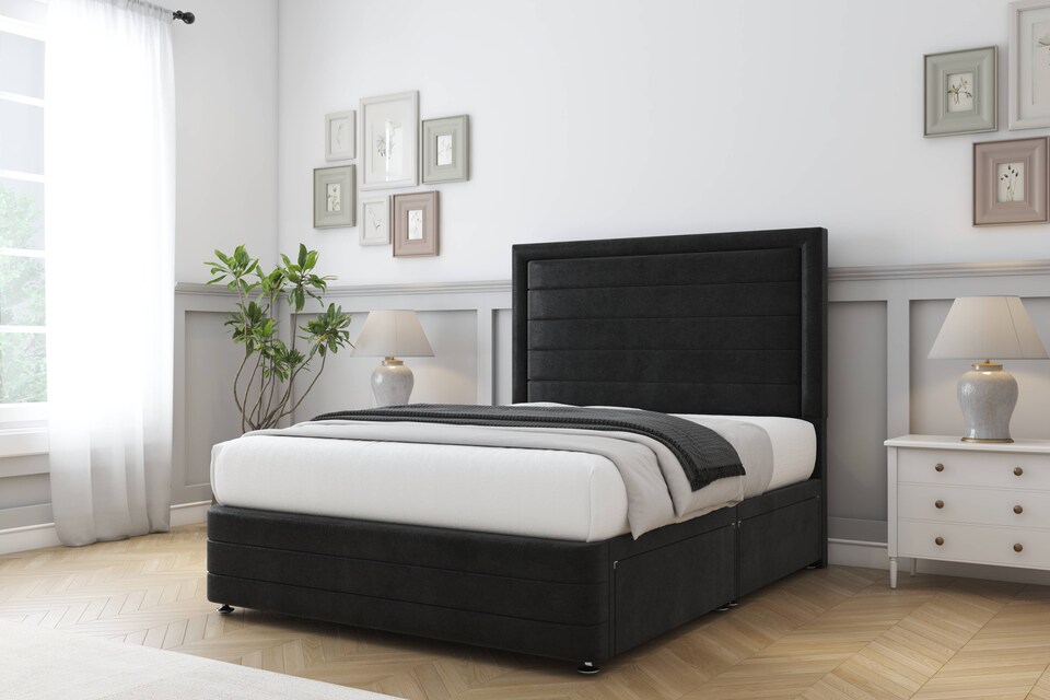 image 1 of Sloomy Ashford Black Plush Divan Bed With Mattress 2 Drawers Left Side With 26" Strutted Headboard & 12" Matching Footboard 4' Small Double | Black | Black | Small Double | 1
