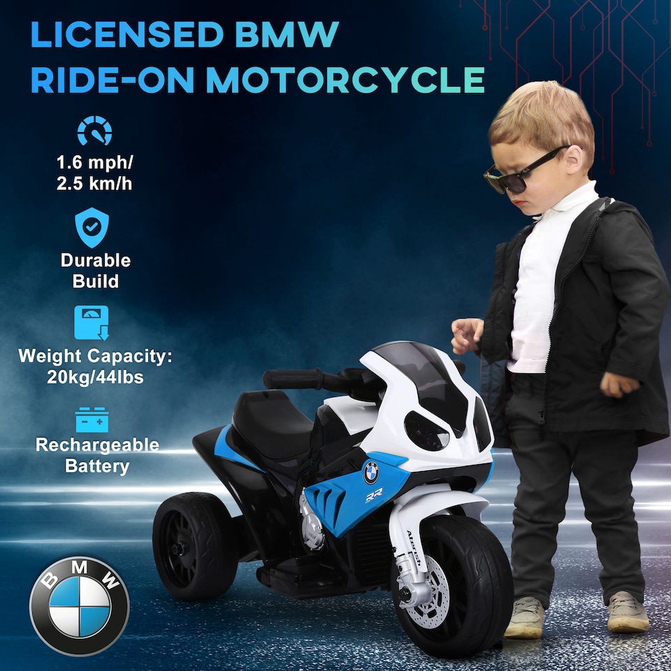 image 1 of HOMCOM BMW S1000RR Licensed 6V Kids Electric Motorbike 3 Wheel Ride on Motorcycle with Headlights Music for 18-36 Months, Blue