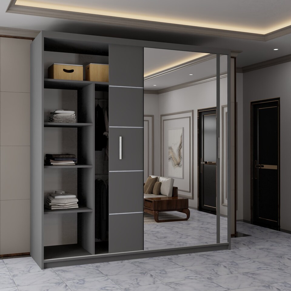 image 1 of Sliding Wardrobes 4u Modern Sliding Door Wardrobe with Full Mirror | 120cm, 150cm, 180cm and 203cm | White, Black, Grey & Oak | Grey | 203cm