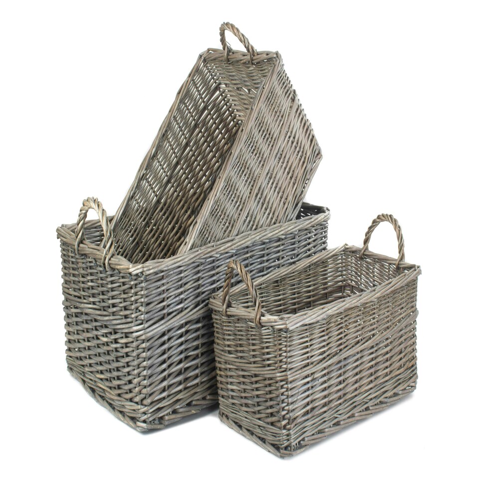 image 1 of Shallow Antique Wash Storage Wicker Basket Set of 3 Brown