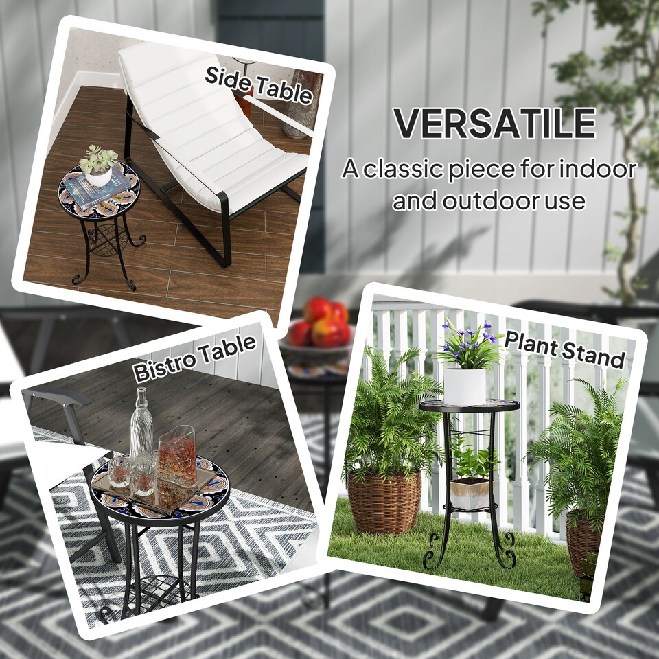 image 1 of Outsunny Mosaic Garden Table, 35.5 cm Round Outdoor Table with Shelf, Ceramic Tile Top, Small Garden Side Table Bistro Table End Table Plant Stand for Indoor, Patio, Balcony, Orange | Orange | Orange