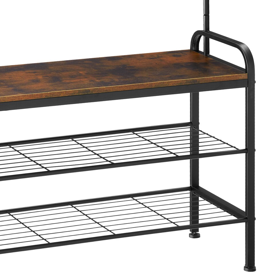 image 1 of Coat Stand - shoe rack, seat, 2 shelves and 9 coat hooks | Brown | Industrial wood dark, rustic | One Size | 1