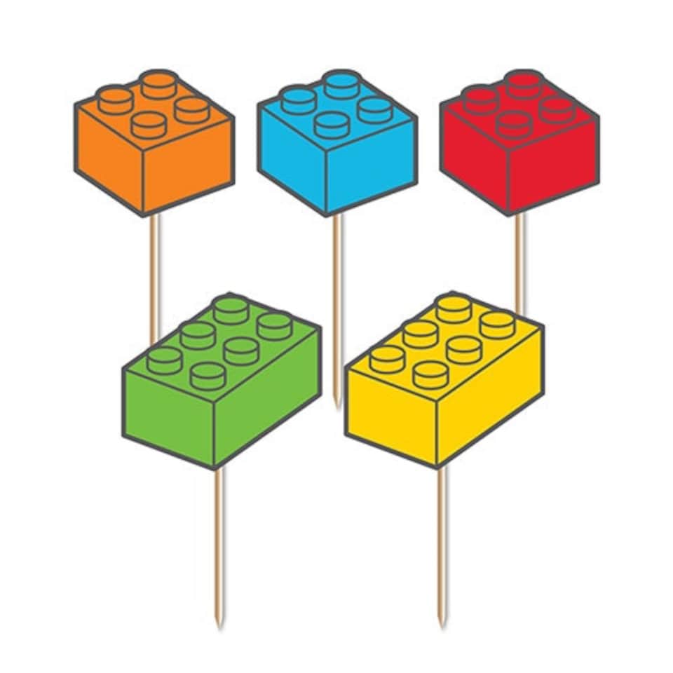 image 1 of Building Blocks Cupcake Food Pick Toppers - Pack of 10