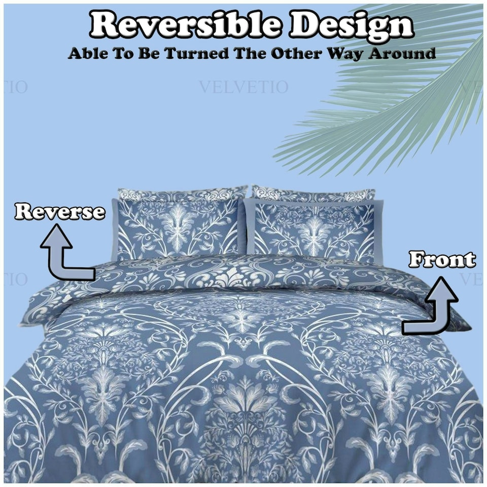 image 1 of VELVETIO Dorothy Damask Complete Duvet Cover Set with Fitted Sheet Soft Printed Bedding Bedset Blue | Double