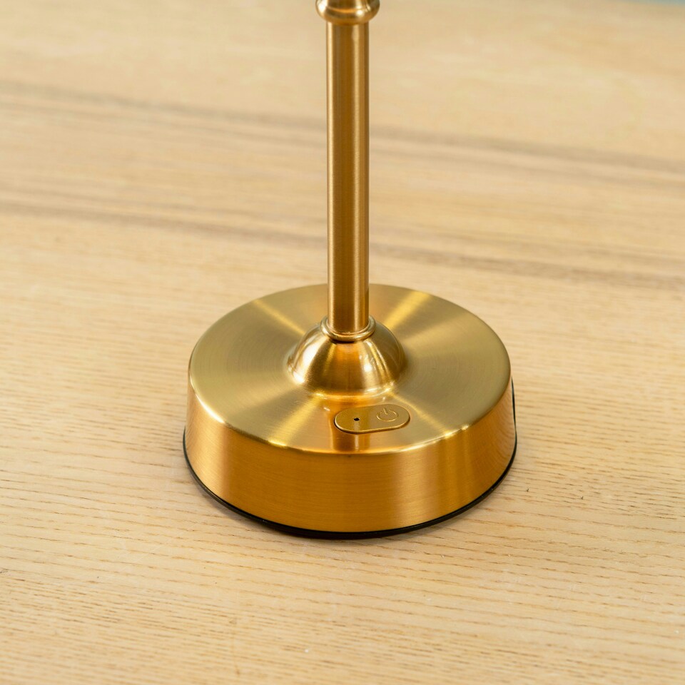image 1 of ValueLights Lowe Brushed Gold Table Lamp with Natural Tapered Shade and Globe LED 2W Cool White 2700K Bulb