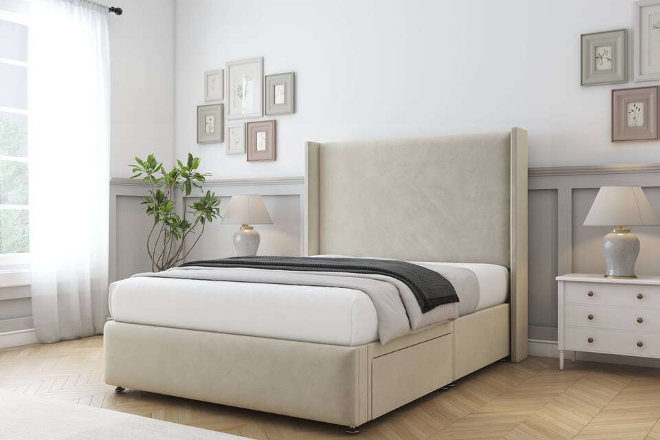 image 1 of Sloomy Stratford Cream Plush Divan Bed Base 2 Drawers Foot-End With 54 Inch Wingback Headboard & 12 Inch Matching Footboard | Cream | Cream | Super King | 1