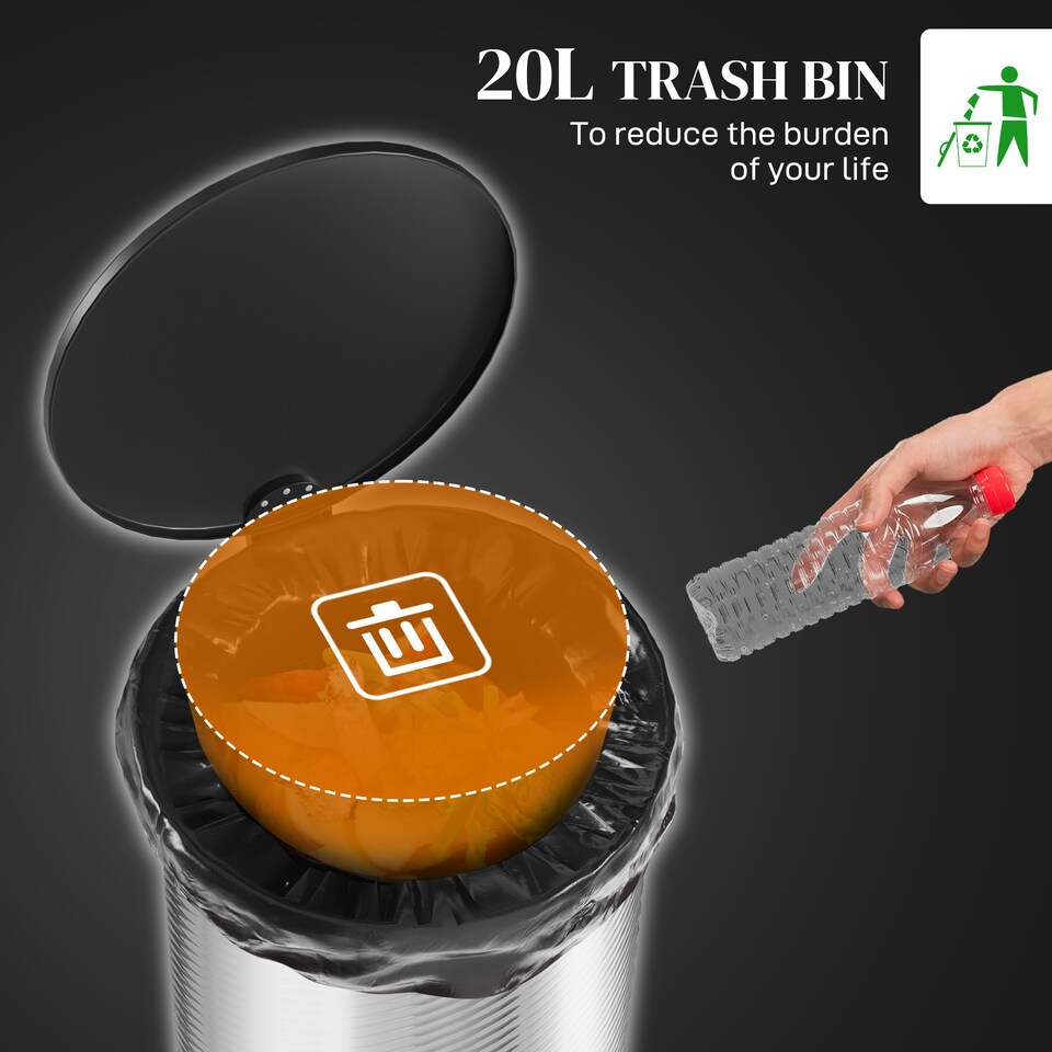 image 1 of HOMCOM 20 Litre Kitchen Bin, Stainless Steel Pedal Bin with Soft-close Lid, Fingerprint Proof Cylindrical Rubbish Bin with Foot Pedal and Removable Inner Bucket, Silver | Silver | 1