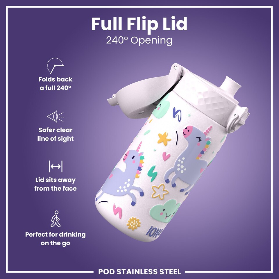 image 1 of Leak Proof Kids Water Bottle, Stainless Steel, 400ml (13oz) | Pink | Unicorn | One Size