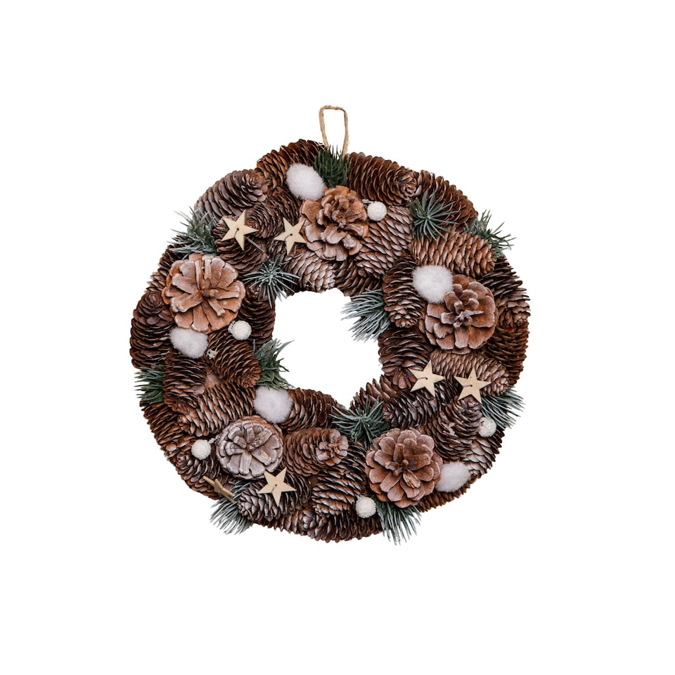 image 1 of 30cm Frosted Hanging Christmas Wreath with Pine Cones & Wooden Stars