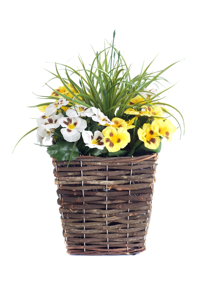 image 1 of Best Artificial Pre-Made 44cm Yellow & White Pansy Flowers in Rattan Wicker Planter Pot - Suitable For Outside Use | Yellow | Yellow and White | 1