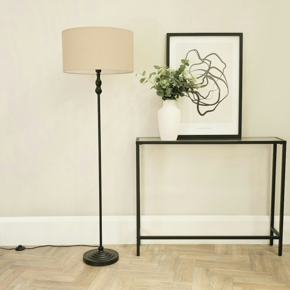 image 1 of ValueLights Maggie Black Metal Candlestick Floor Lamp with Natural Fabric Lamp Shade