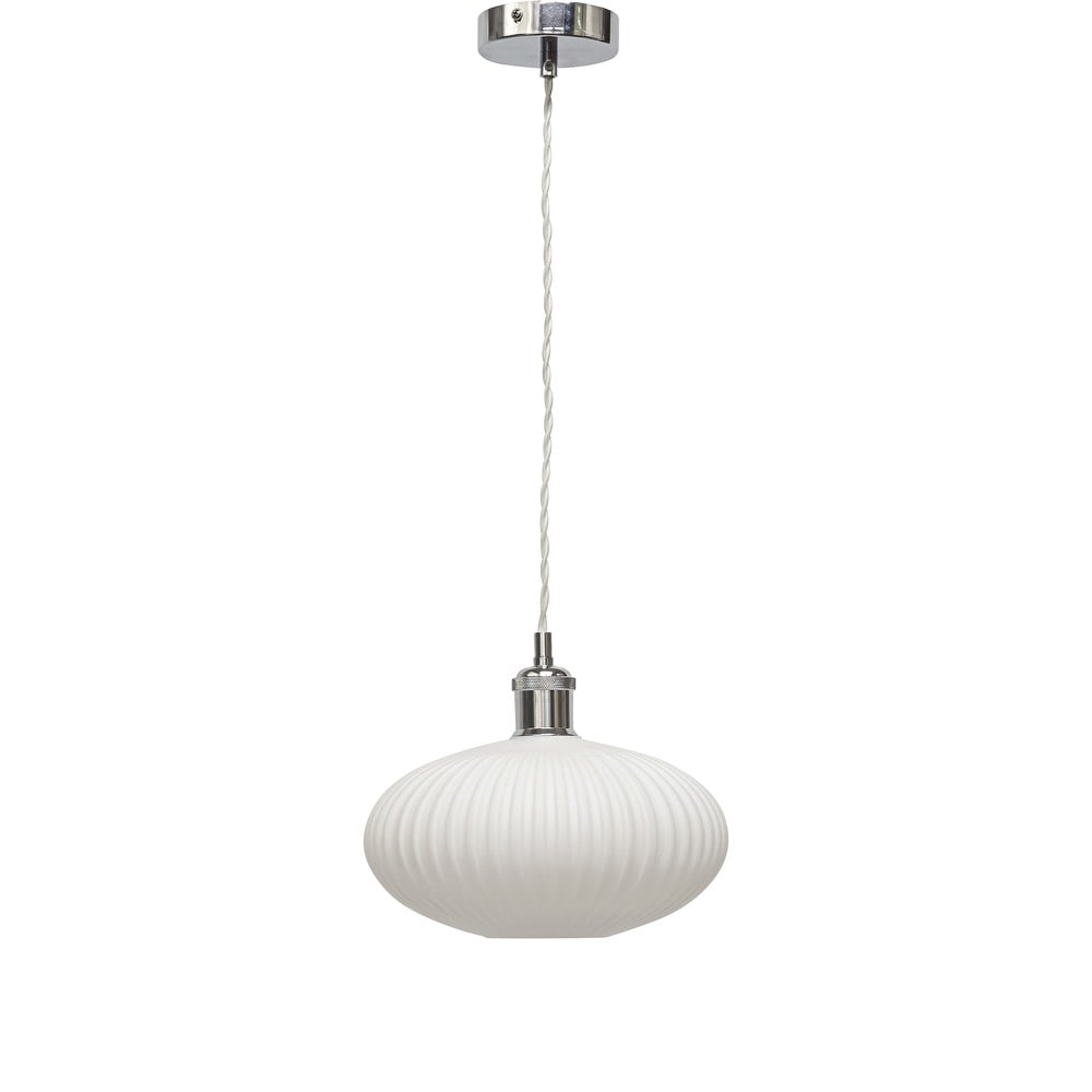 First Choice Lighting Baton - White Ribbed Oval Glass Chrome Retro Pendant Fitting