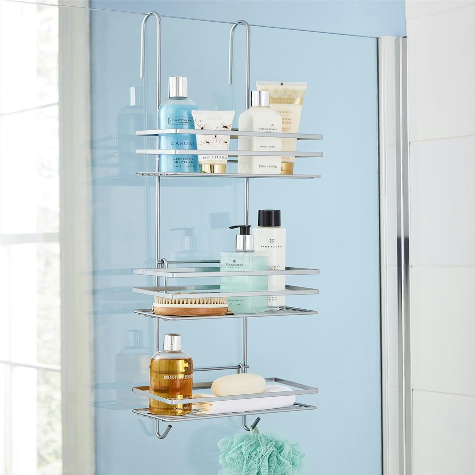 image 1 of Shower Caddy 3 Tier Bathroom Storage Organiser Hanging Basket With Shelving Over The Door Silver
