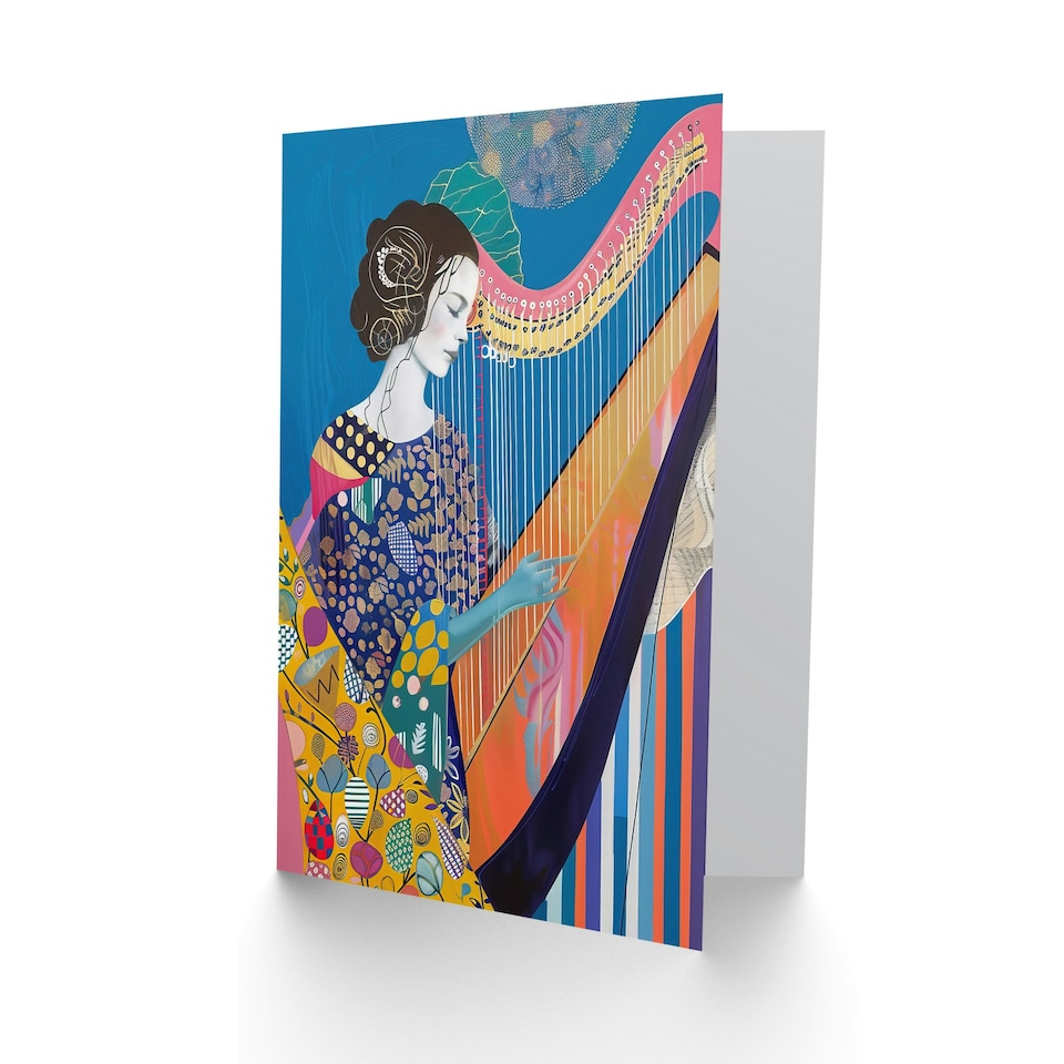 image 1 of Harpist Playing Harp Music Colourful Batik Style Birthday Card