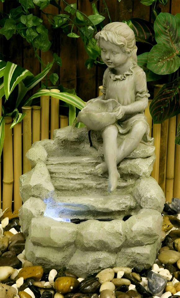image 1 of Primrose Girl Pouring Trickling Water Feature Fountain with LED Lights 42cm