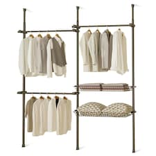 Telescopic Wardrobe Organiser Double Black Rail Clothes Rack Baskets Storage Black | One Size