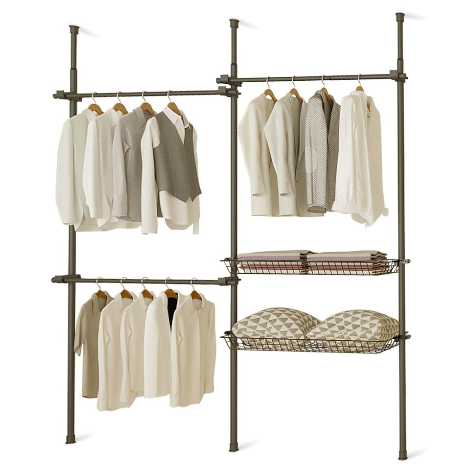 image 1 of Telescopic Wardrobe Organiser Double Black Rail Clothes Rack Baskets Storage Black | One Size