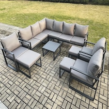 Fimous 12 Seater Outdoor Lounge Corner Sofa Set Aluminum Garden Furniture Sets with Square Coffee Table 3 Chairs 3 Footstools Dark Grey