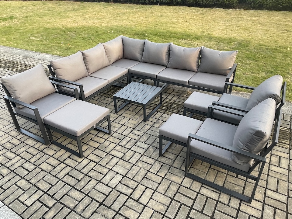 image 1 of Fimous 12 Seater Outdoor Lounge Corner Sofa Set Aluminum Garden Furniture Sets with Square Coffee Table 3 Chairs 3 Footstools Dark Grey