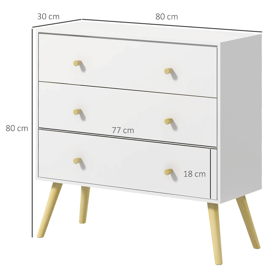 image 1 of HOMCOM Chest of Drawers, 3-Drawer Storage Organiser Unit with Wood Legs for Bedroom, Living Room, White