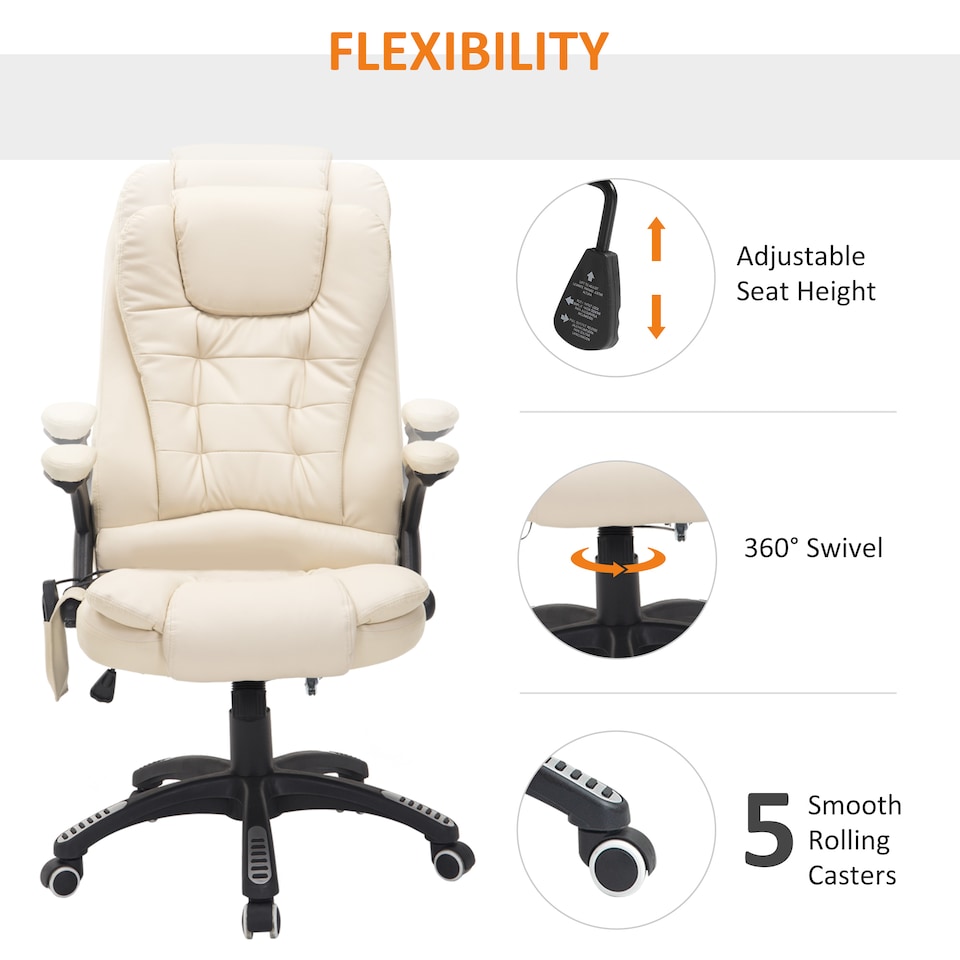 image 1 of HOMCOM 6-Point Massage Office Chair with Seat Heated for Home Office, PU Leather High Back Executive Desk Chair with Adjustable Height and 360 Swivel for Work Study, Beige