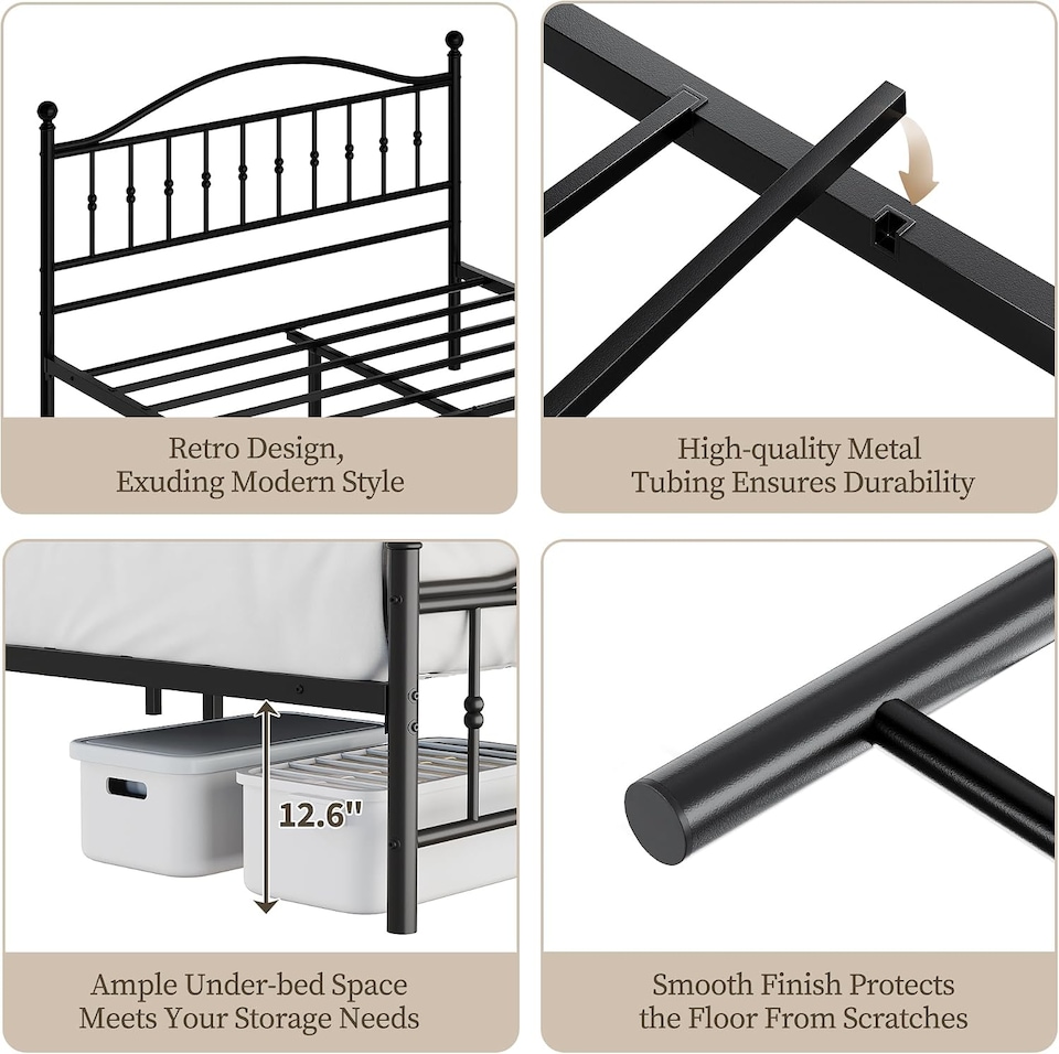 image 1 of London Boutique Double Metal Bed Frame with Anti-Slip High Footboard, 300kg Capacity, Black/195x140cm
