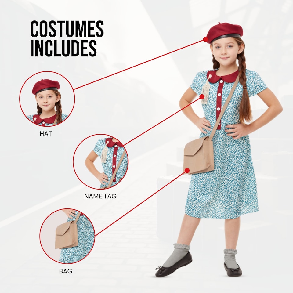 image 1 of 40s Wartime Girls Fancy Dress 1940s WW2 Kids Historical Costume Outfit Large 10-12 Years