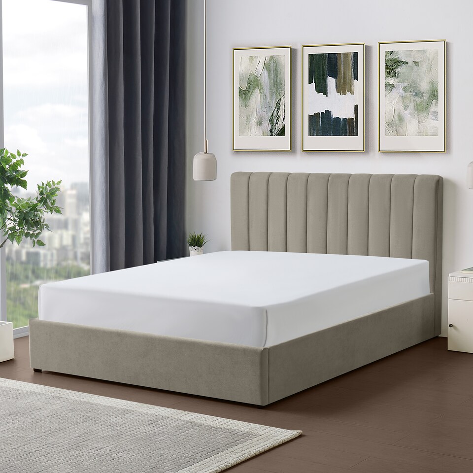 image 1 of Evelynne Fabric 150cm Kingsize Ottoman Bed Frame with Storage - Light Brown