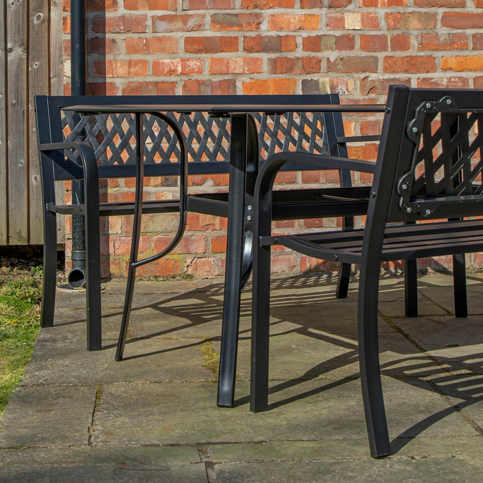 image 1 of Outdoor 4 Person Rectangular Glass Top Garden Dining Table and 2 Benches Set