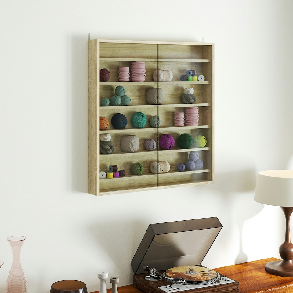 image 1 of HOMCOM 7-Tier Wall Display Cabinet w/ Shelves Glass Doors, Oak Brown