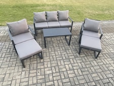 Fimous Aluminium 6 Pieces Garden Furniture Sofa Set with Cushions 7 Seater Outdoor Patio Set with 2 Armchair 2 Big Footstools Dark Grey