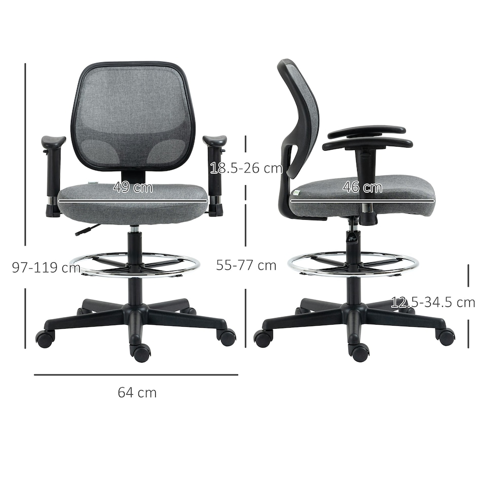 image 1 of Vinsetto Drafting Chair Tall Office Stand Desk Chair with Foot Ring, Arm, Wheel