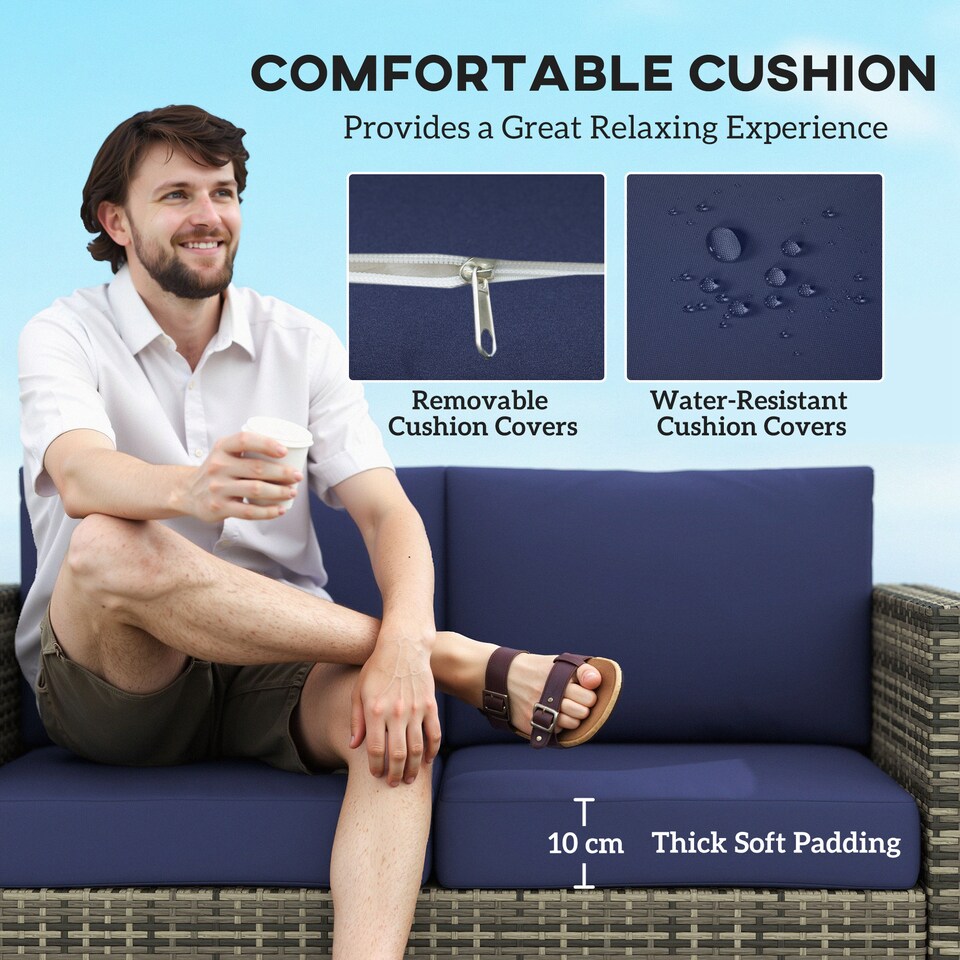 image 1 of Outsunny Rattan Sofa, 2 Seater Garden Furniture with Soft Padded Cushion and Armrests, Wicker Garden Loveseat for Patio, Navy Blue | Blue | Two Seater