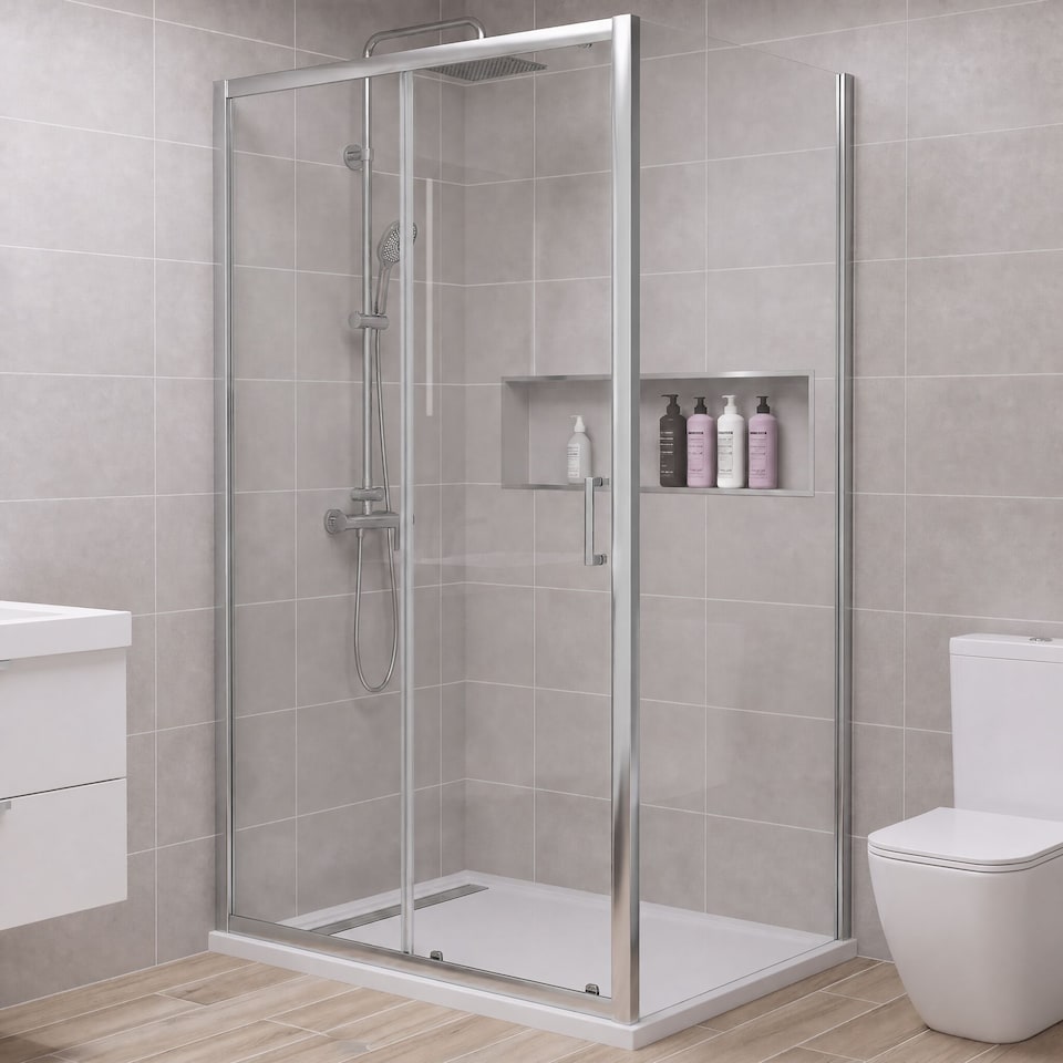 image 1 of Balterley Toughened Safety Glass Reversible Sliding Shower Door | Silver | Chrome | 1
