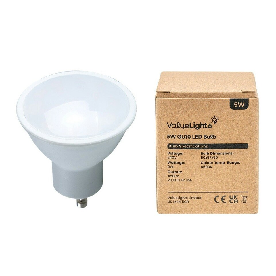image 1 of ValueLights 12 Pack Dimmable GU10 White Plastic Spotlight LED 5W Cool White 6500K 480lm Light Bulb