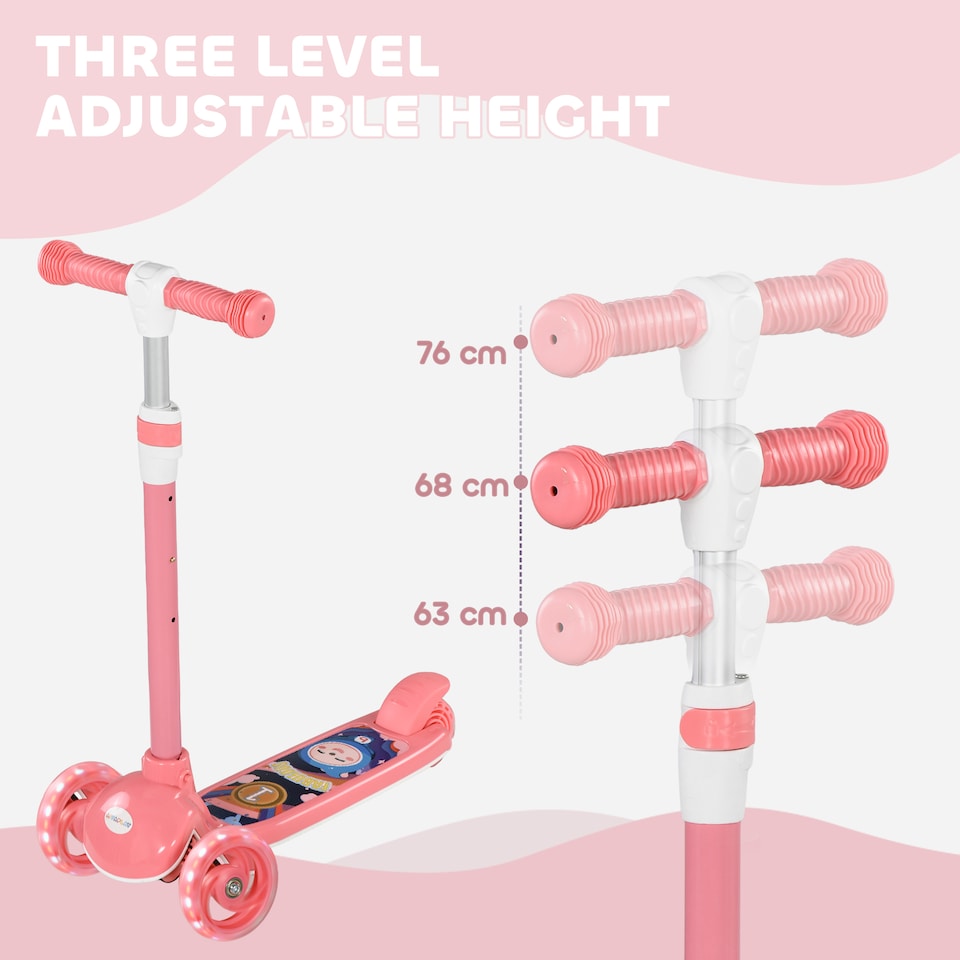 image 1 of AIYAPLAY Kids Scooter, 3 Wheel Scooter for Toddlers Ages 2-6, with 3-level Adjustable Height, LED Light, TPE Handlebar, Kick Scooter for Boys and Girls | Pink | Pink