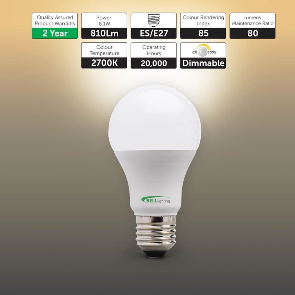 image 1 of BELL Lighting E27 Edison Screw 8.1W GLS Dimmable LED Light Bulbs Warm White 2700K