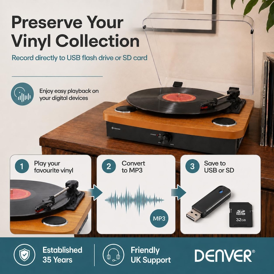 image 1 of Lightwood Vinyl Record Player With Stereo Speakers - Bluetooth Send & Receive - USB & SD Recording - AUX IN & RCA Out