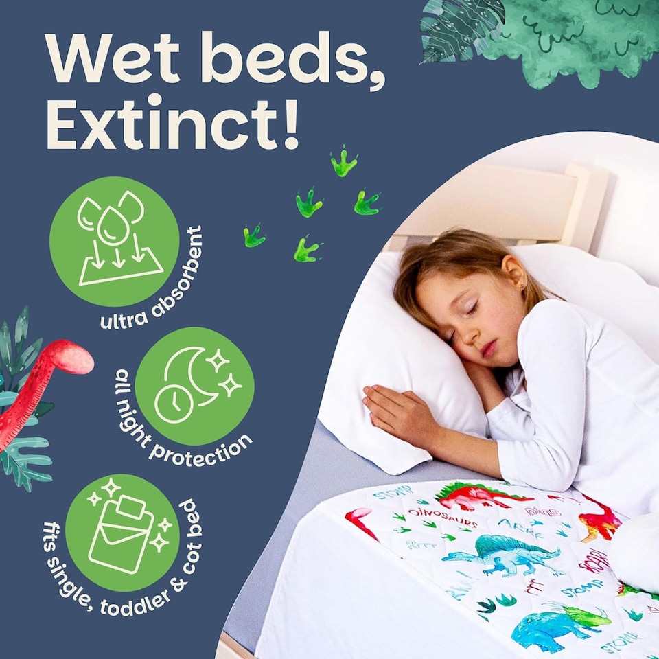 image 1 of Lynmark® Toddler Potty Training Bed Pads, Absorbs Up to 1200ml, 90x85cm (Tucks 85x45cm) Dinosaur | White | Dinosaur | Single | 1