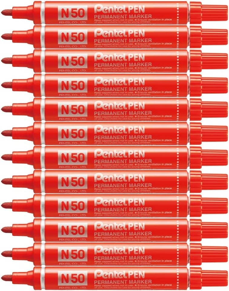image 1 of Pentel N50 Permanent Markers Red Broad Bullet Tip Pack 12
