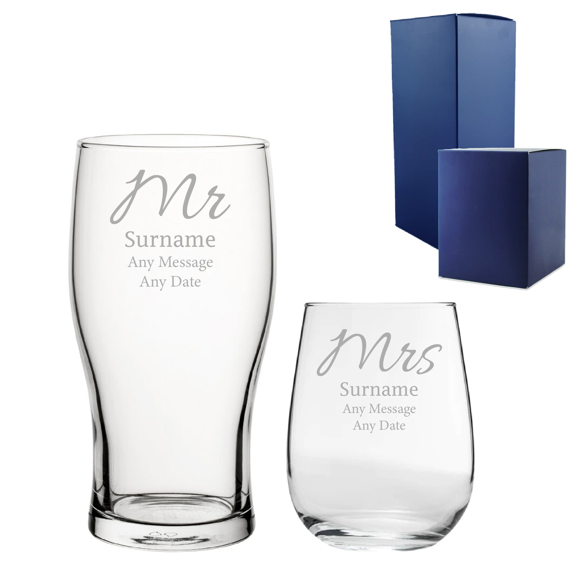 Uniqueful Personalised Mr & Mrs Stemless Wine Set Elegant Font in Clear